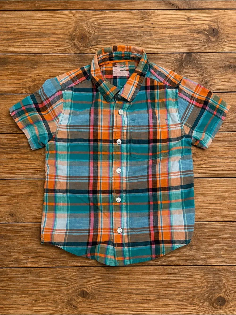 Boys Plaid Button-Up Shirt XS 4/5 Teal Orange Short Sleeve Cotton bundle & Save